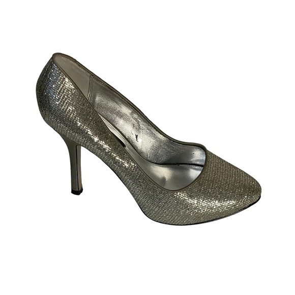 Nina Silver Glitter Fabric Leather Sole Stiletto Heel Slip On Pump Shoe Sz 8 - Picture 6 of 13